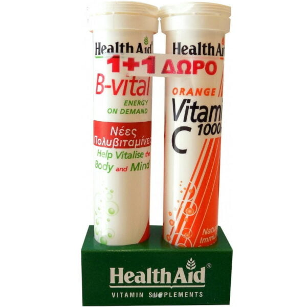 Health Aid Βιταμίνη B-Vital Βερύκοκο + Vitamin C Πορτοκάλι 1000mg ΔΩΡΟ 20+20 Αναβράζοντα Δίσκια