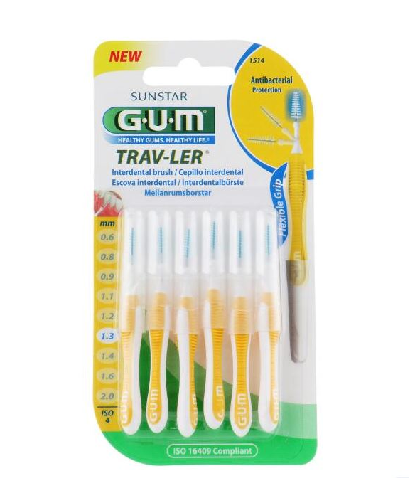 GUM Trav-ler Interdental Brush 1514 Μεσοδόντια Βουρτσάκια με Λαβή 1.3mm Size ISO 4, 6 Τεμάχια – Κίτρινα