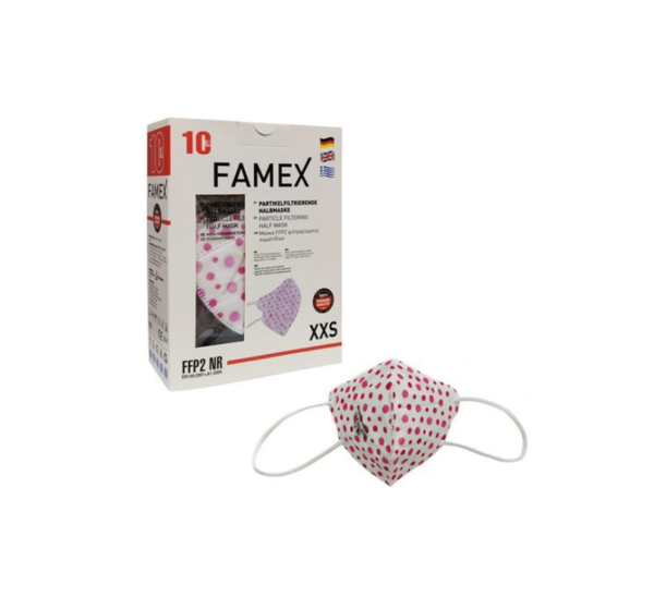Famex Protective Mask FFP2 NR Παιδικές Μάσκες Προστασίας (Πουά άσπρο – ροζ), 1 Τεμάχιο
